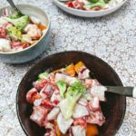 kefir summer veg on top of crispy sweet potato