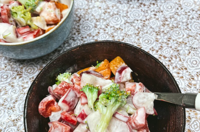 Summer veggies with kefir and crispy sweet potato