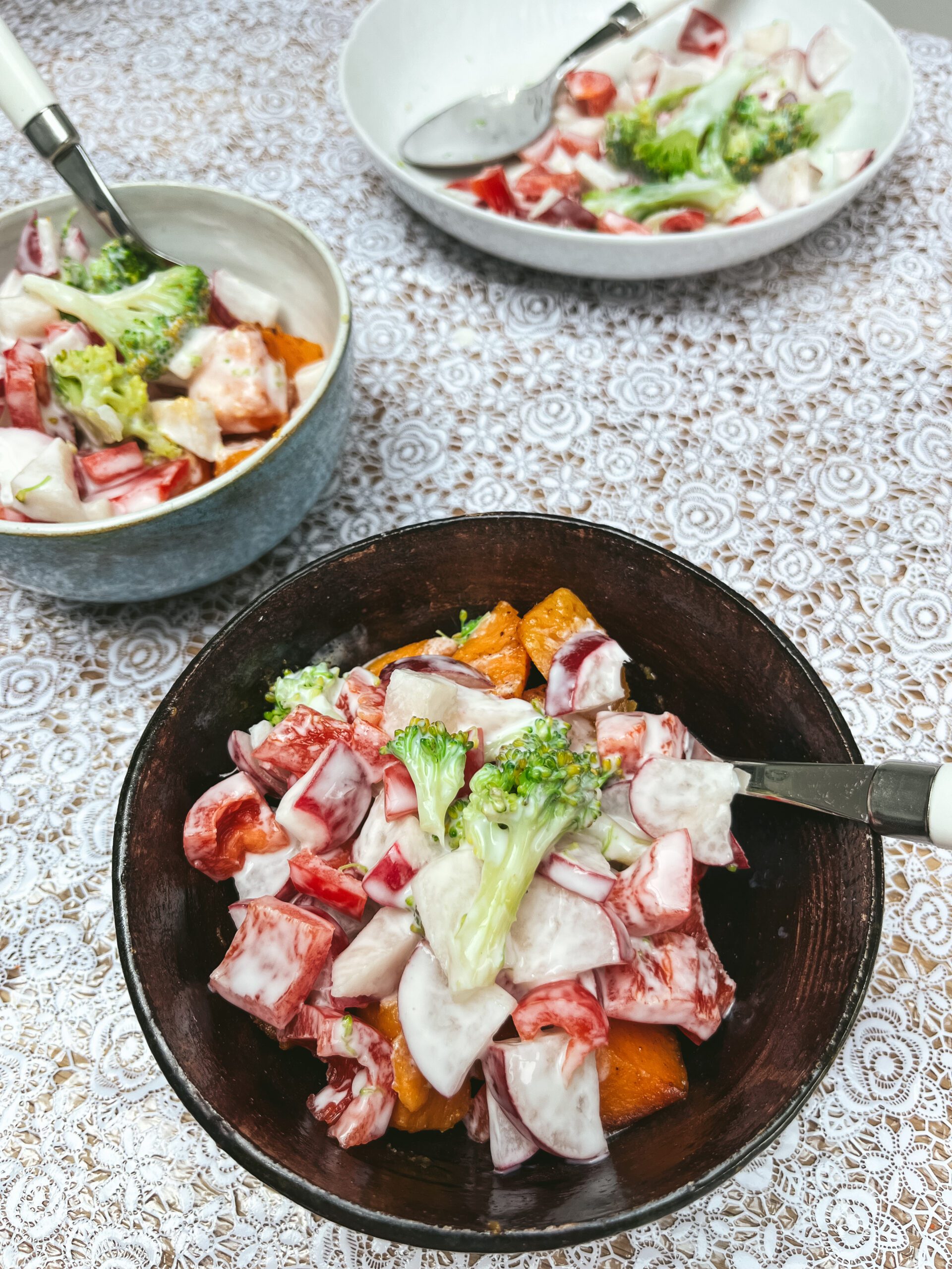kefir summer veg on top of crispy sweet potato
